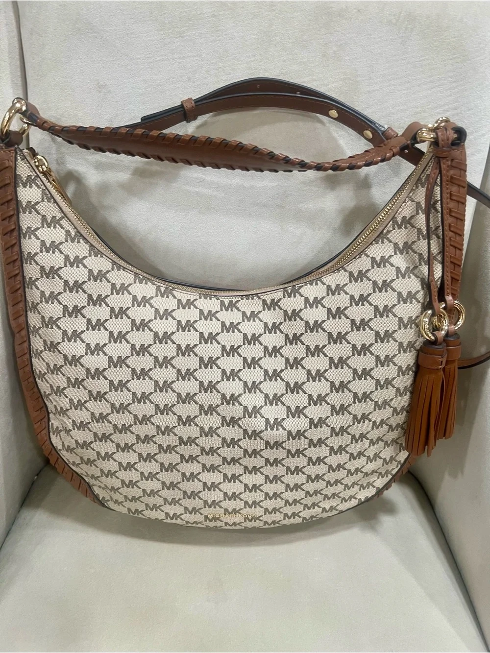 Michael Kors Cream & Brown MK Logo Hobo with Tassel